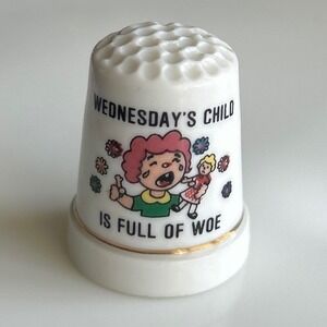 Vintage Porcelain Thimble Wednesdays Child Is Full Of Woe Nursery Rhyme White